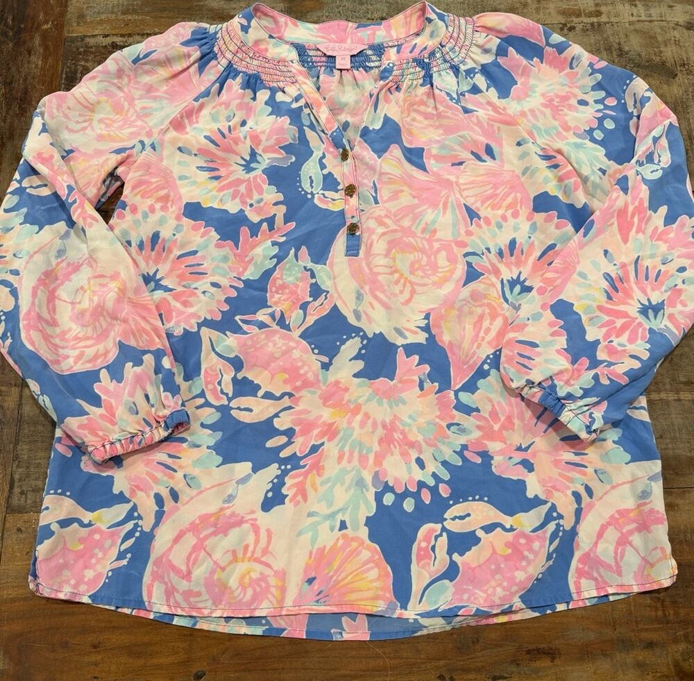 Lilly Pulitzer Elsa Silk Blouse XS Blue Pink Floral Long Sleeve Popover Top